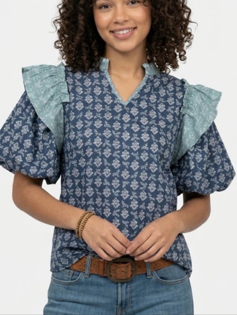 ivy jane Blue Printed Cotton Top with Mint Ruffle Sleeves Pull On Size Large